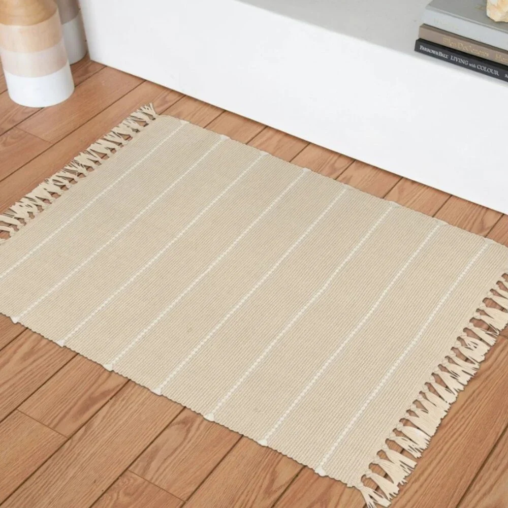 NEW Indoor Outdoor Rug Beige Cream Stripe 24